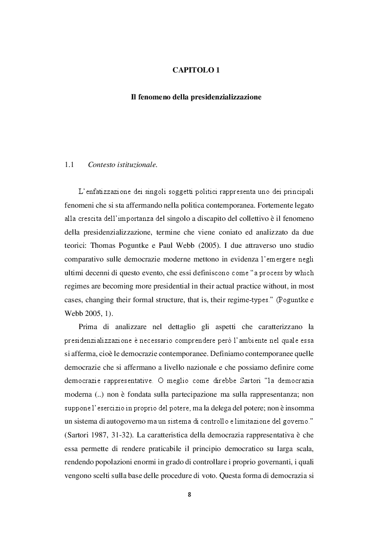 Anteprima della tesi: Il fenomeno della presidenzializzazione in Italia: i casi di Silvio Berlusconi e Matteo Renzi, Pagina 5