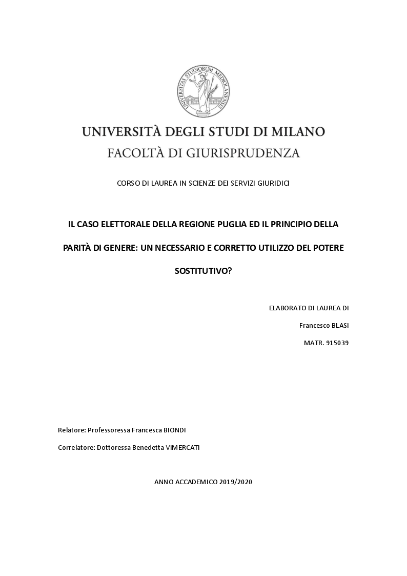 Anteprima della tesi: La legge elettorale della Regione Puglia ed il Principio della Parità di Genere: un necessario e corretto utilizzo del Potere Sostitutivo?, Pagina 1