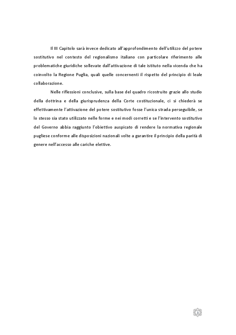 Anteprima della tesi: La legge elettorale della Regione Puglia ed il Principio della Parità di Genere: un necessario e corretto utilizzo del Potere Sostitutivo?, Pagina 3