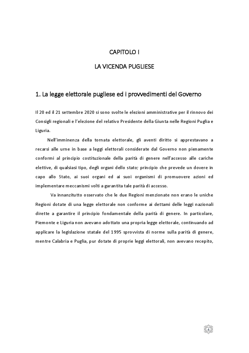Anteprima della tesi: La legge elettorale della Regione Puglia ed il Principio della Parità di Genere: un necessario e corretto utilizzo del Potere Sostitutivo?, Pagina 4
