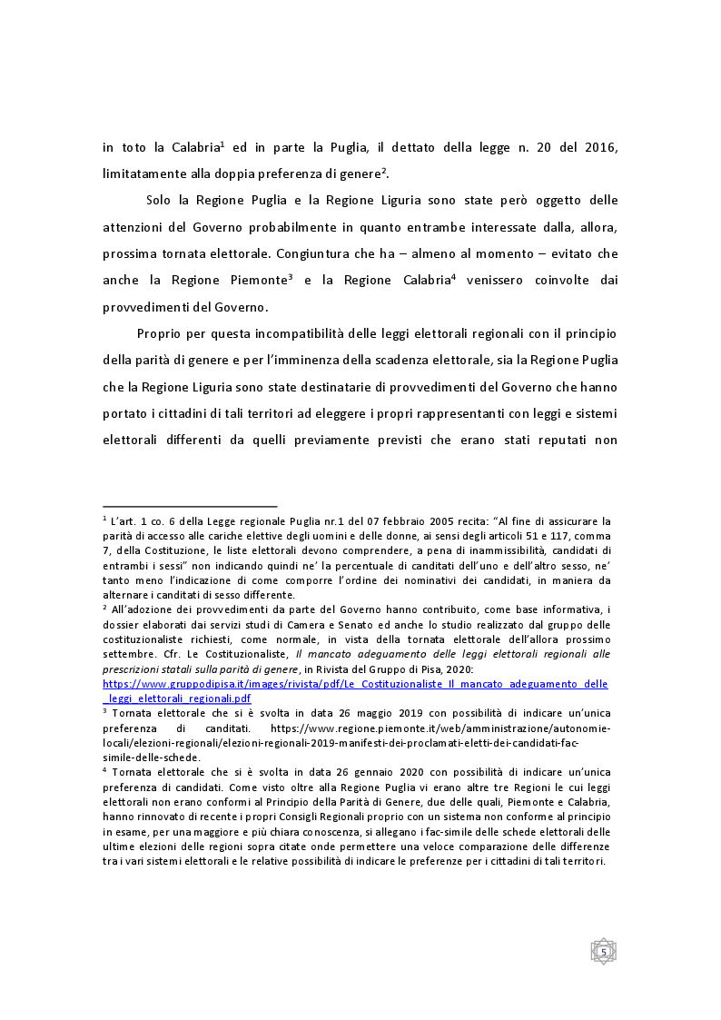 Anteprima della tesi: La legge elettorale della Regione Puglia ed il Principio della Parità di Genere: un necessario e corretto utilizzo del Potere Sostitutivo?, Pagina 5