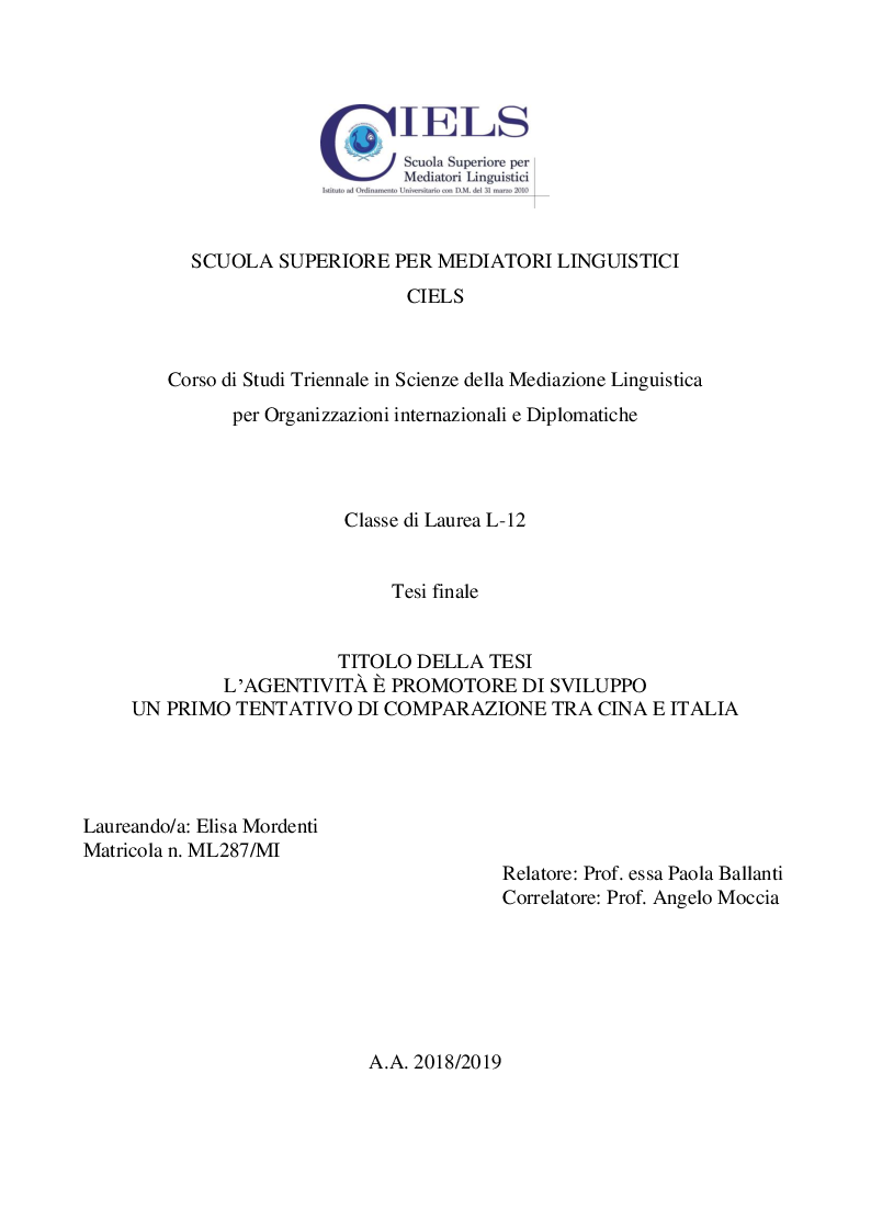 Anteprima della tesi: L'agentività è promotore di sviluppo, un primo tentativo di comparazione tra Cina e Italia, Pagina 1