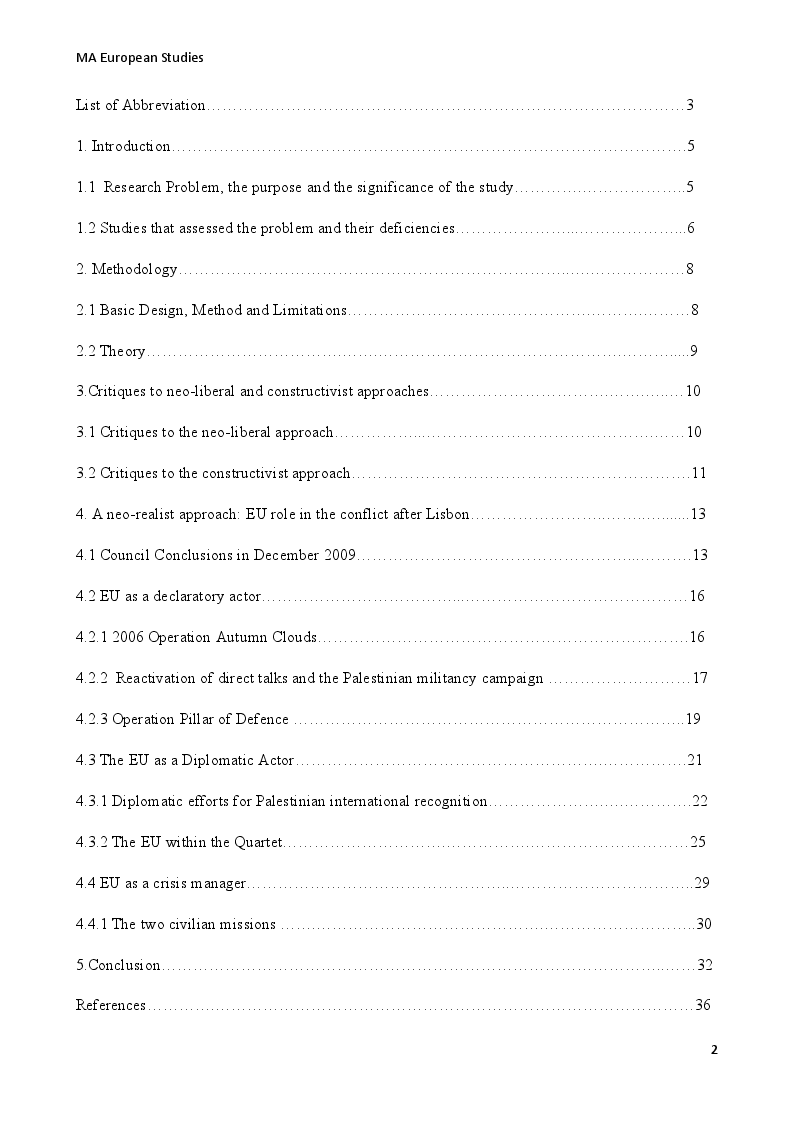 Indice della tesi: Assessing the policies of the EU in the Middle East Peace Process in the post-Lisbon Era A neo-realist analysis, Pagina 1