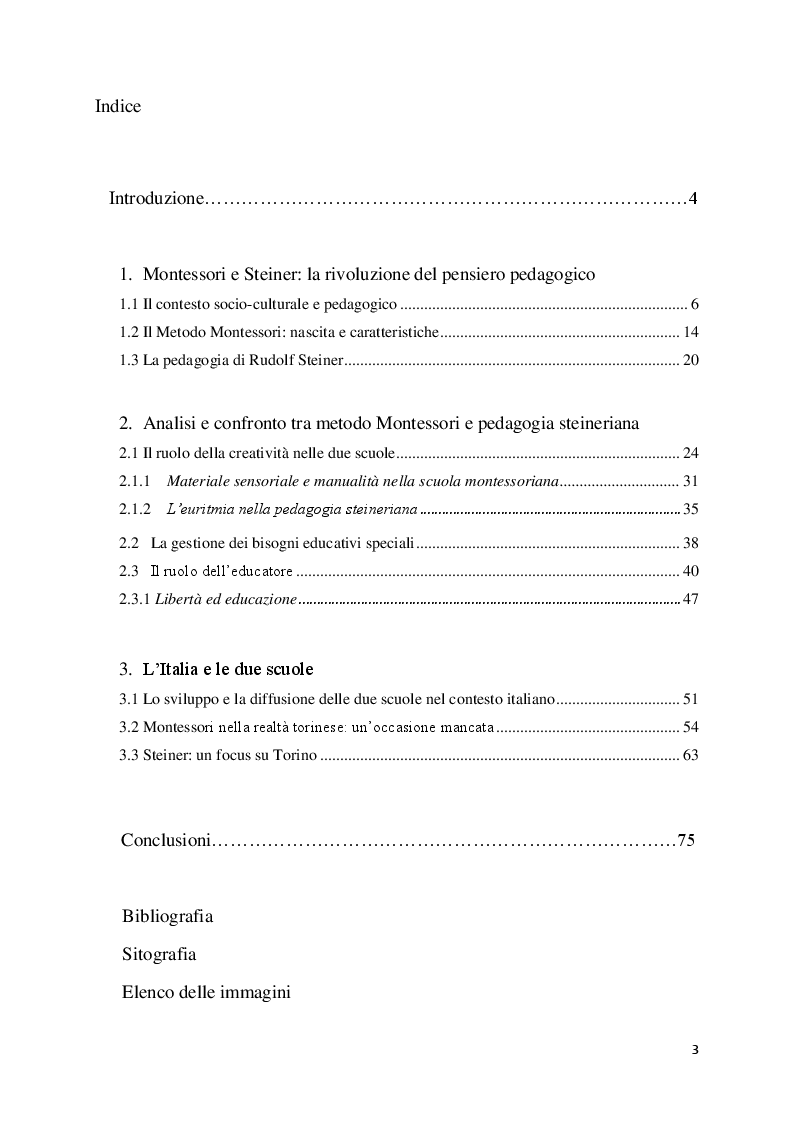 Indice della tesi: Montessori e Steiner: due approcci pedagogici a confronto, Pagina 1