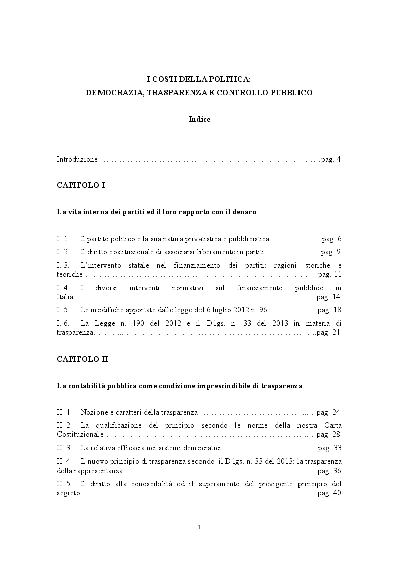 Indice della tesi: I costi della politica: democrazia, trasparenza e controllo pubblico, Pagina 1