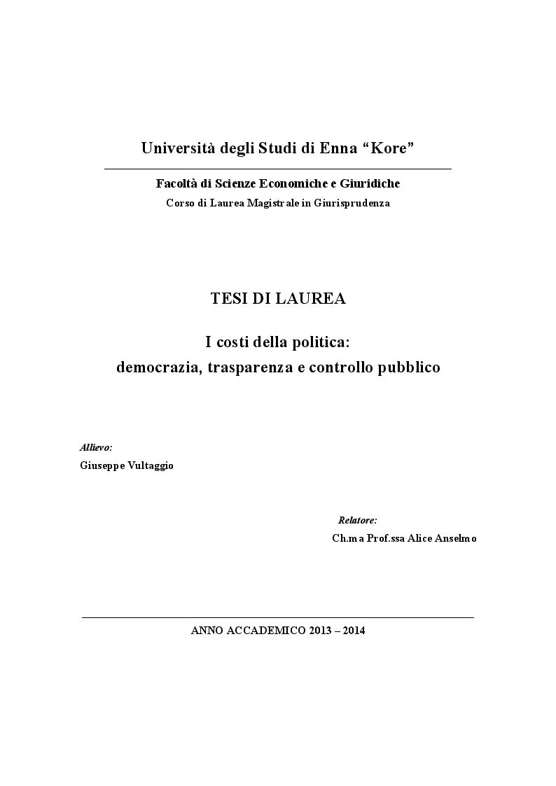 Anteprima della tesi: I costi della politica: democrazia, trasparenza e controllo pubblico, Pagina 1