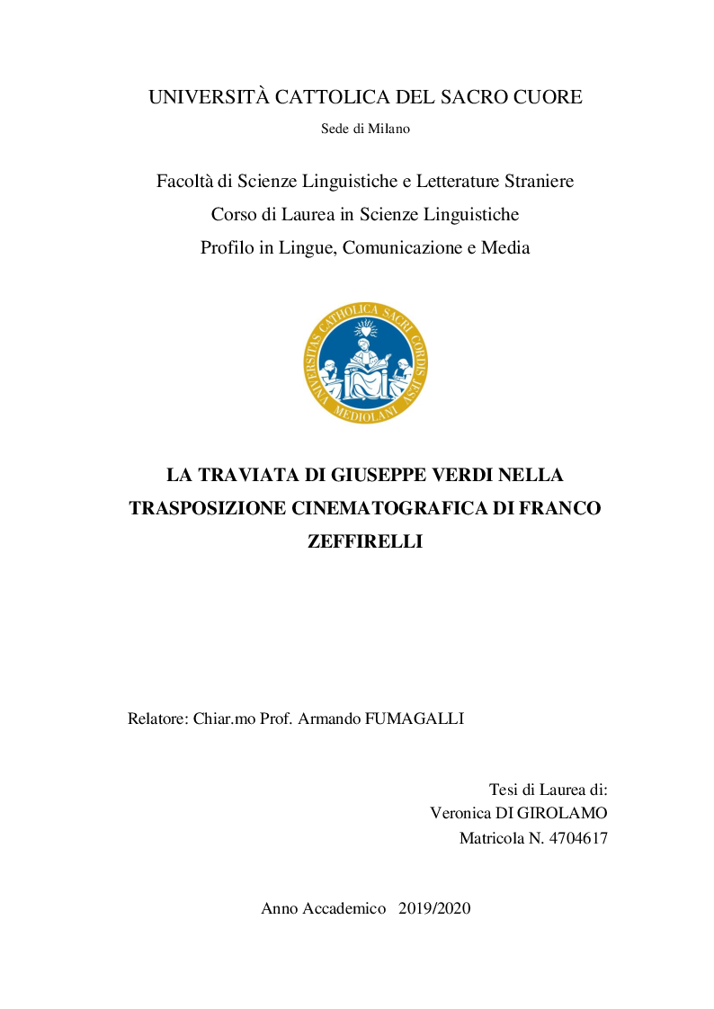 Anteprima della tesi: La Traviata di Giuseppe Verdi nella trasposizione cinematografica di Franco Zeffirelli, Pagina 1