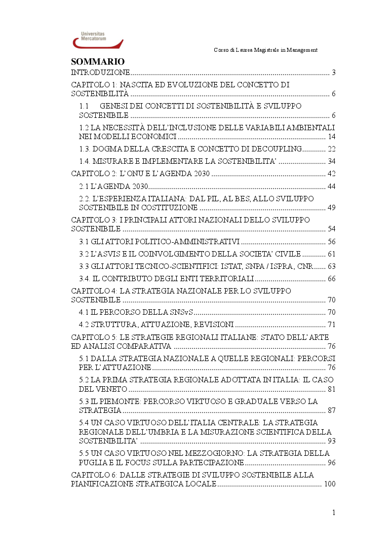 Indice della tesi: Sviluppo sostenibile e Agenda 2030: strategia nazionale e implementazioni locali, Pagina 1