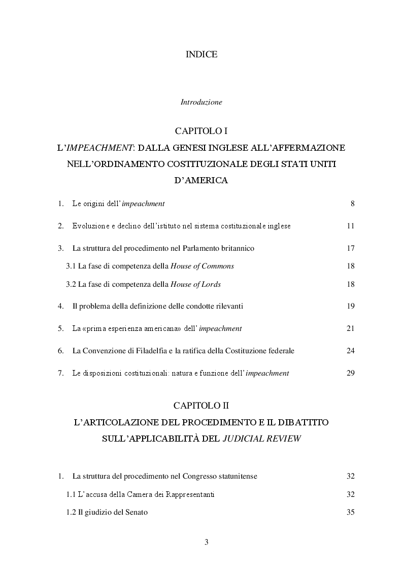 Indice della tesi: L'impeachment statunitense: natura, funzioni e limiti dell'istituto, Pagina 1