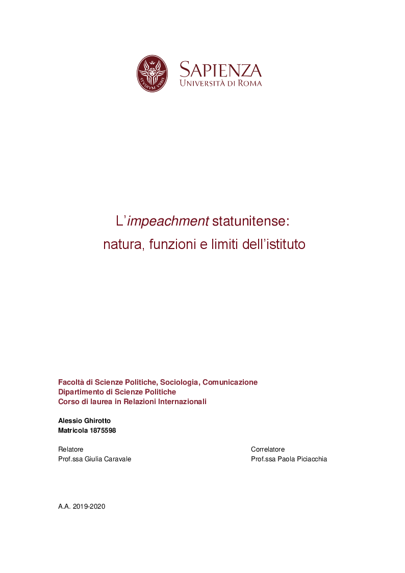 Anteprima della tesi: L'impeachment statunitense: natura, funzioni e limiti dell'istituto, Pagina 1