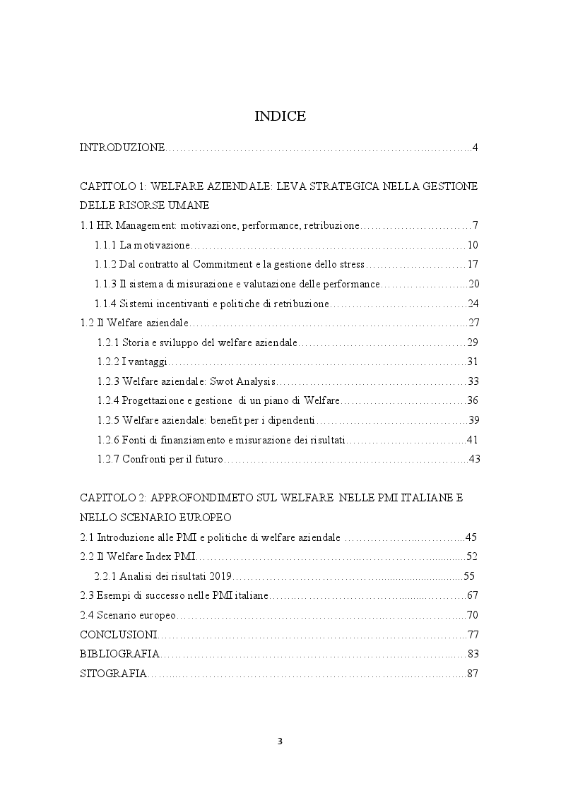 Indice della tesi: Welfare Aziendale: strumento di sviluppo sociale e strategico nelle PMI Italiane, Pagina 1