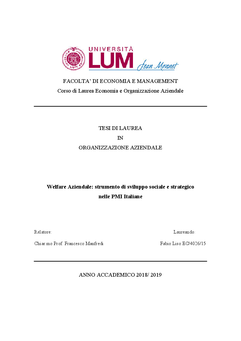 Anteprima della tesi: Welfare Aziendale: strumento di sviluppo sociale e strategico nelle PMI Italiane, Pagina 1