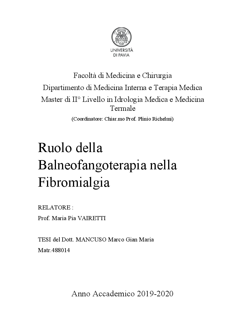 Anteprima della tesi: Ruolo della balneofangoterapia nella fibromialgia, Pagina 1