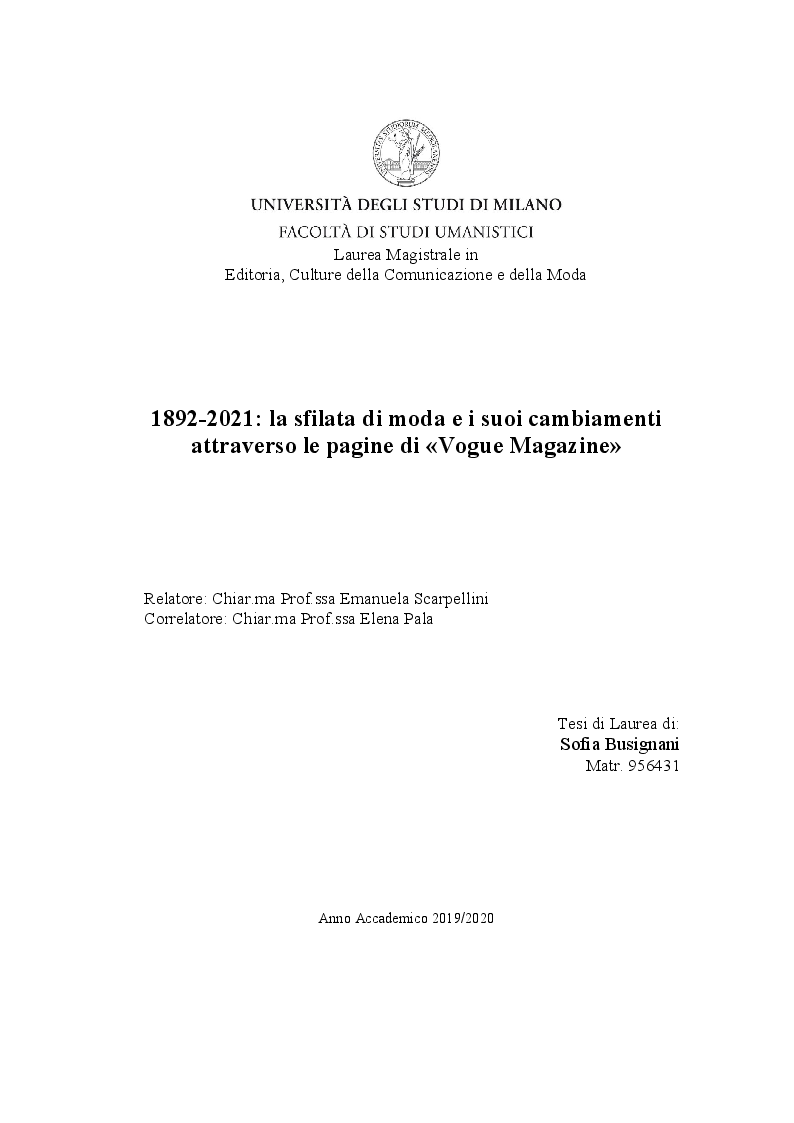 Anteprima della tesi: 1892-2021: la sfilata di moda e i suoi cambiamenti attraverso le pagine di «Vogue Magazine», Pagina 1
