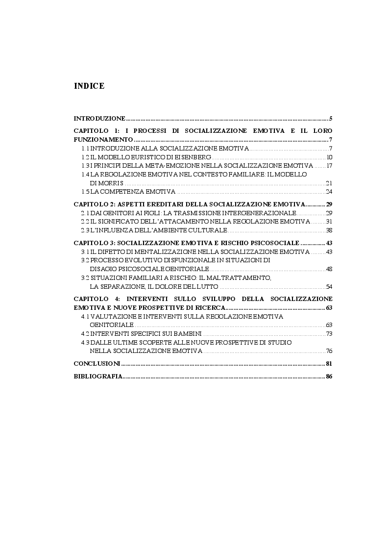 Indice della tesi: La socializzazione emotiva familiare: processi e funzionamento dell'età evolutiva, Pagina 1