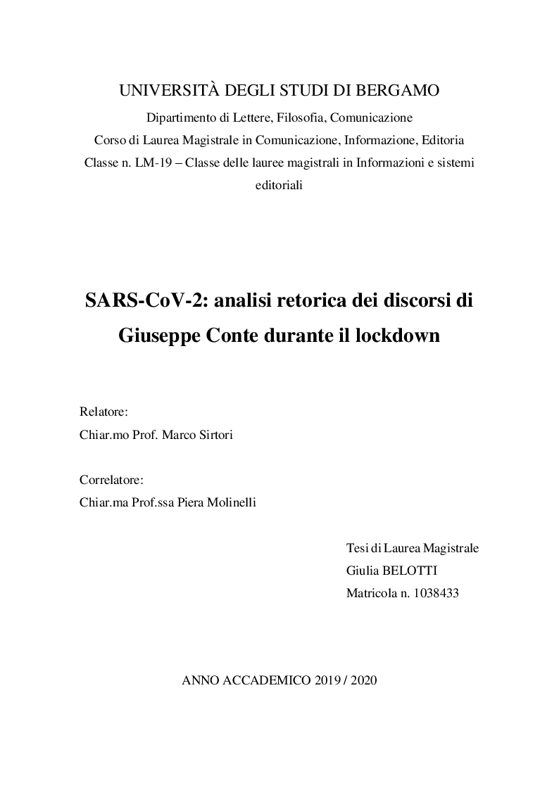 Anteprima della tesi: SARS-CoV-2: analisi retorica dei discorsi di Giuseppe Conte durante il lockdown, Pagina 1