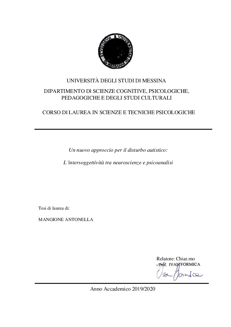 Anteprima della tesi: Un nuovo approccio per il disturbo autistico: l'intersoggettività tra neuroscienze e psicoanalisi, Pagina 1