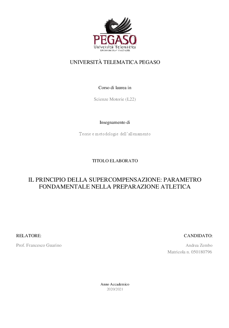 Anteprima della tesi: Il principio della supercompensazione: parametro fondamentale nella preparazione atletica, Pagina 1