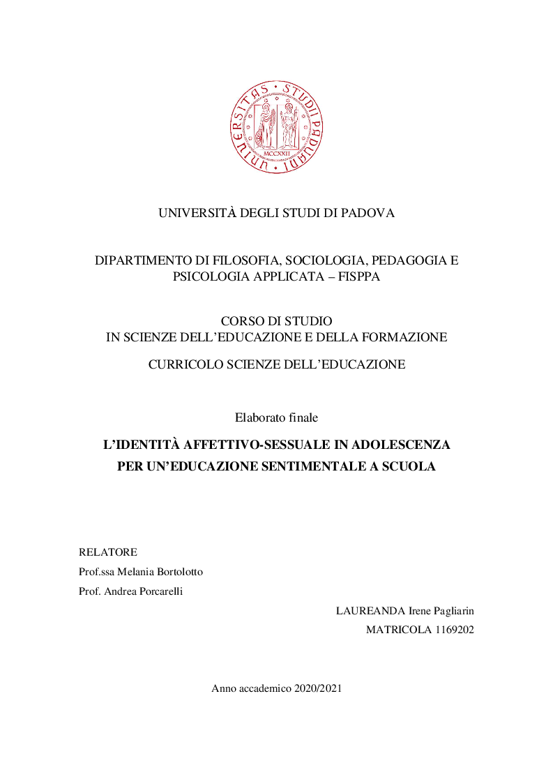 Anteprima della tesi: L'identità affettivo-sessuale in adolescenza. Per un'educazione sentimentale a scuola, Pagina 1