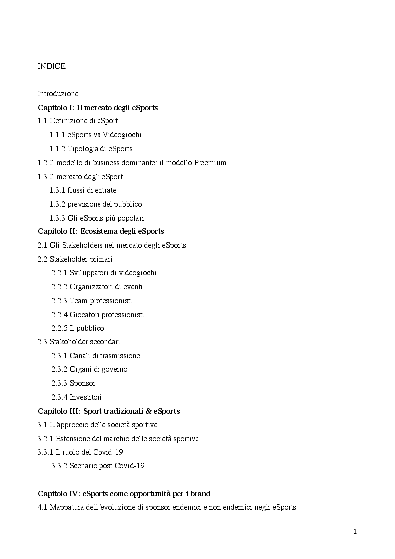 Indice della tesi: eSports: Global Opportunities for Brands, Pagina 1
