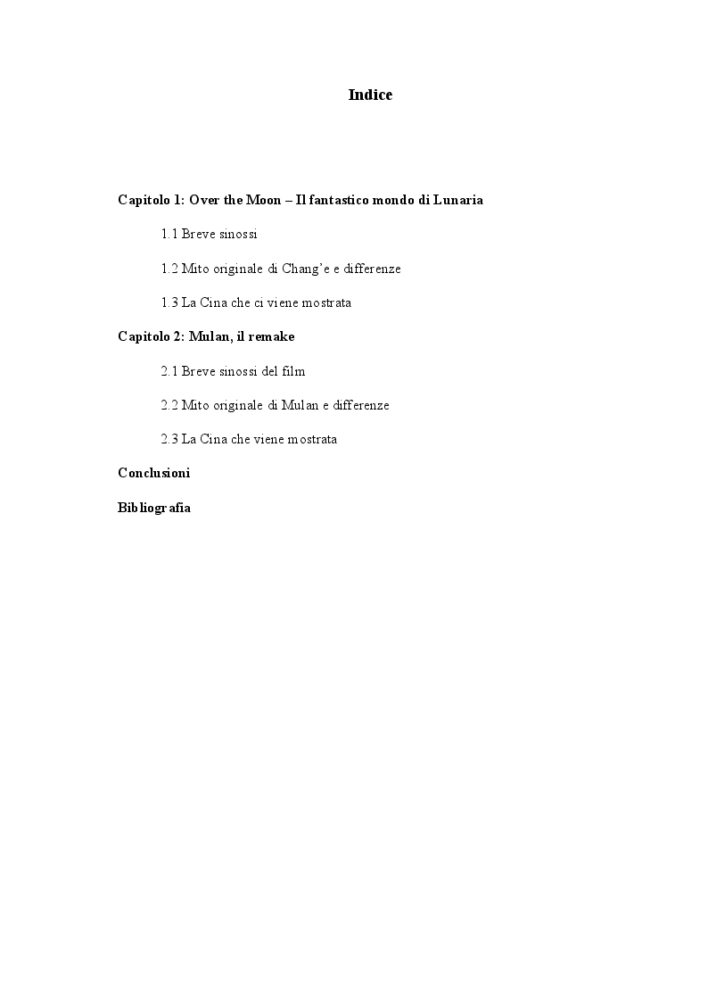 Indice della tesi: Over the moon e Mulan: due film, due diverse rappresentazioni della Cina, Pagina 1