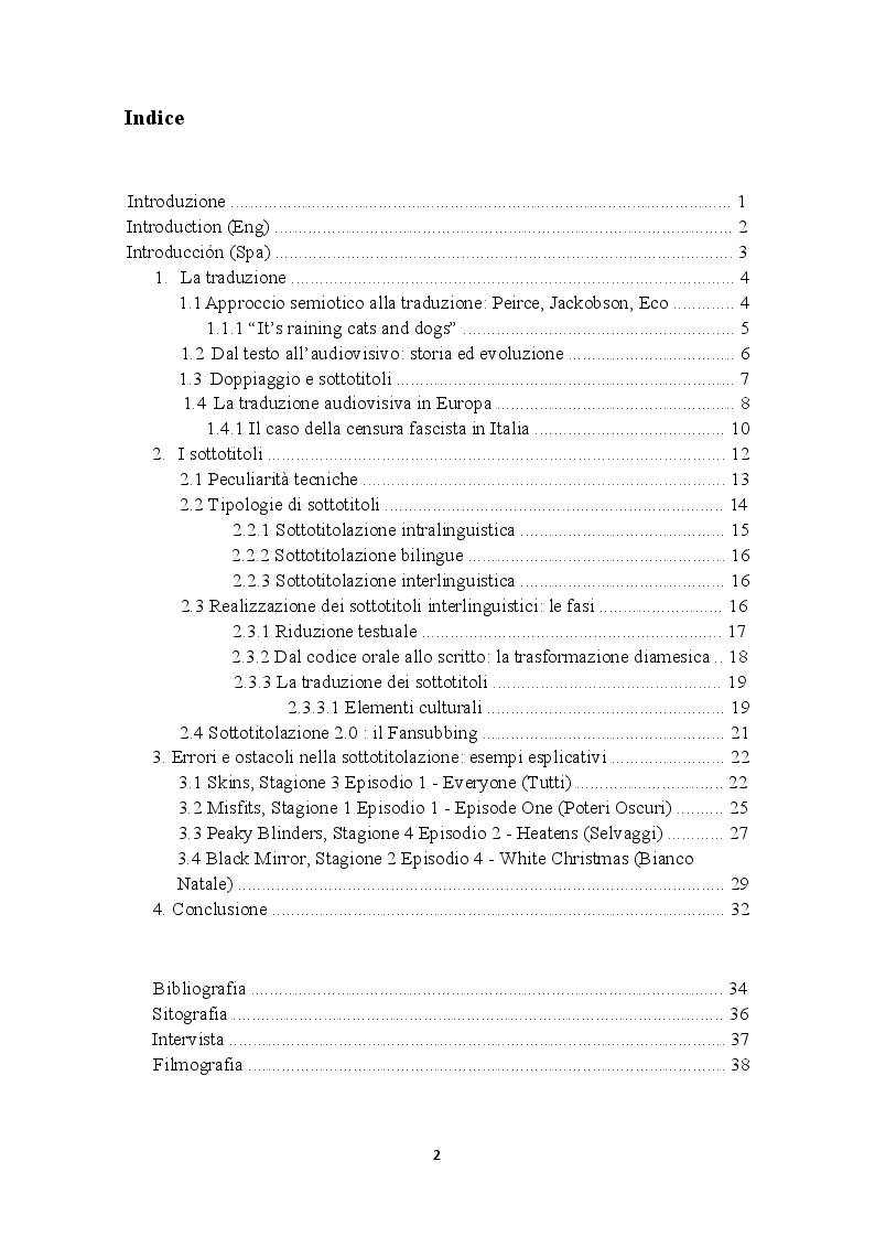 Indice della tesi: La traduzione audiovisiva: Sottotitolaggio tra Italiano e Inglese, Pagina 1