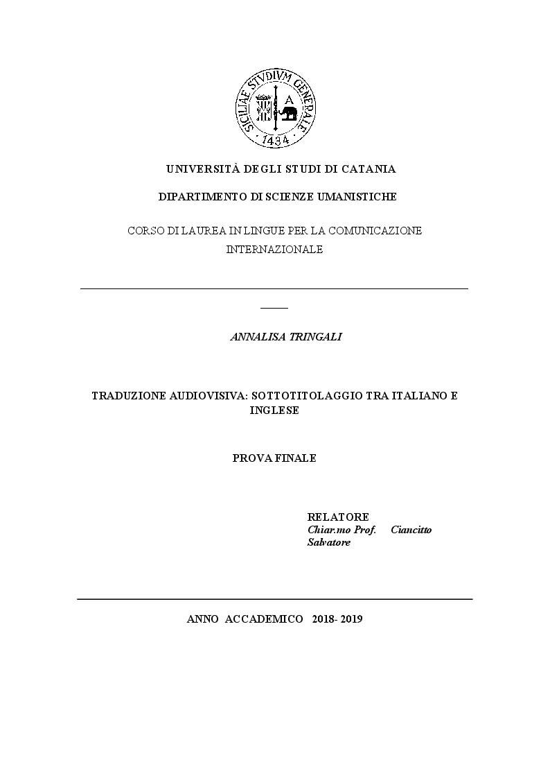 Anteprima della tesi: La traduzione audiovisiva: Sottotitolaggio tra Italiano e Inglese, Pagina 1