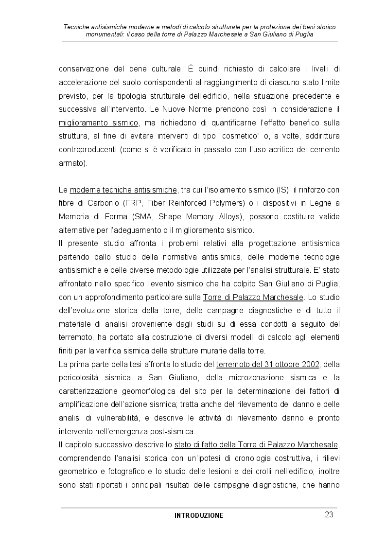 Anteprima della tesi: Tecniche antisismiche moderne e metodi di calcolo strutturale per la protezione dei beni storico monumentali: il caso della torre di Palazzo Marchesale a San Giuliano di Puglia, Pagina 4