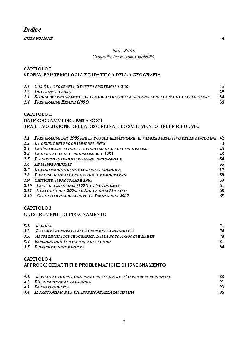 Indice della tesi: Geografia e Intercultura nella scuola primaria. Proposte didattiche per lo sviluppo di una coscienza planetaria., Pagina 1