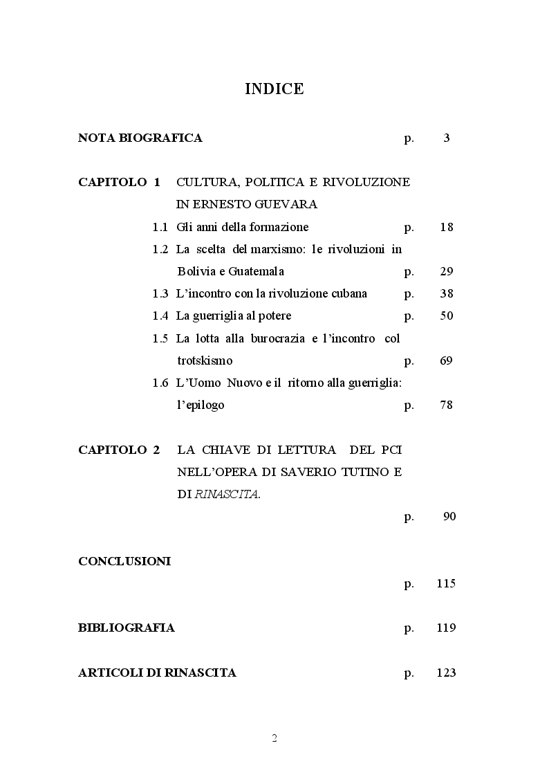Indice della tesi: Il concetto di rivoluzione in Ernesto Guevara, la Rivoluzione cubana e il dibattito su Rinascita (1959-1969), Pagina 1
