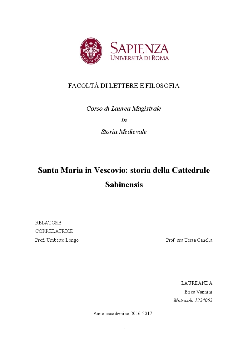 Anteprima della tesi: Santa Maria in Vescovio: storia della Cattedrale Sabinensis, Pagina 1