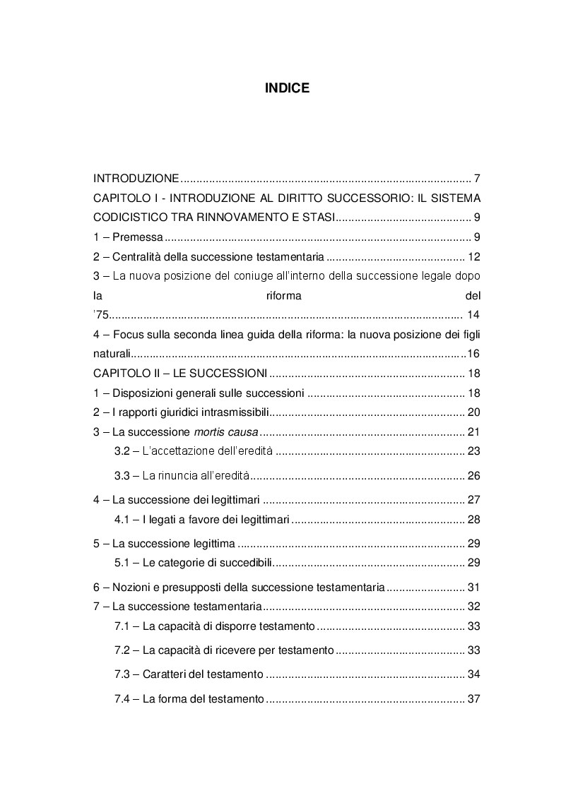 Indice della tesi: Pianificazione Successoria - Rapporti tra eredità e polizze vita, Pagina 1