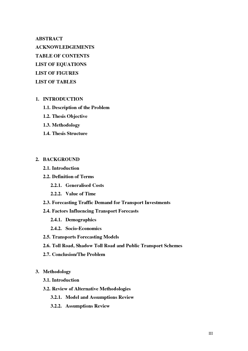 Indice della tesi: Factors Influencing Traffic Demand Forecast for Privately Owned Toll Schemes, Pagina 1