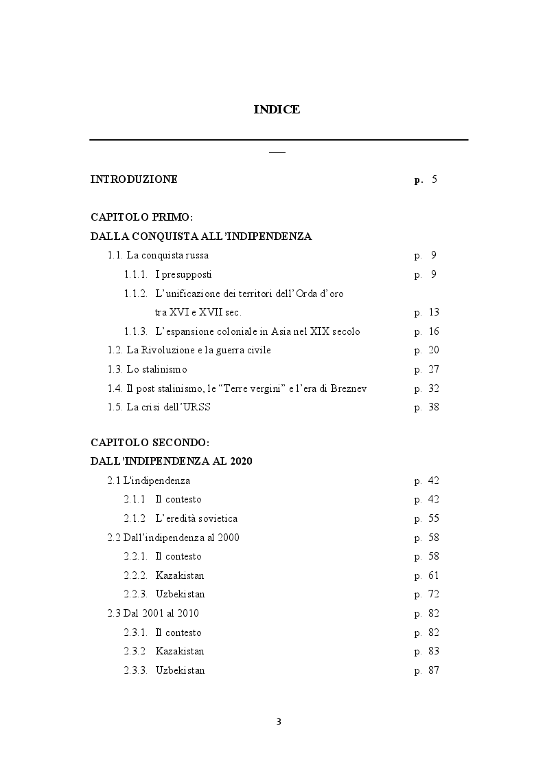 Indice della tesi: L'Asia Centrale dall'indipendenza dall'Unione Sovietica a oggi. I casi del Kazakistan e dell'Uzbekistan, Pagina 1