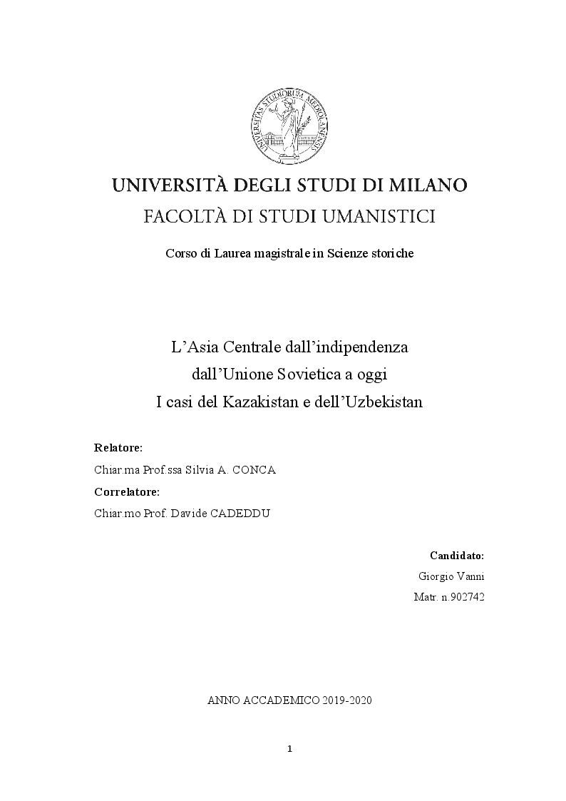 Anteprima della tesi: L'Asia Centrale dall'indipendenza dall'Unione Sovietica a oggi. I casi del Kazakistan e dell'Uzbekistan, Pagina 1