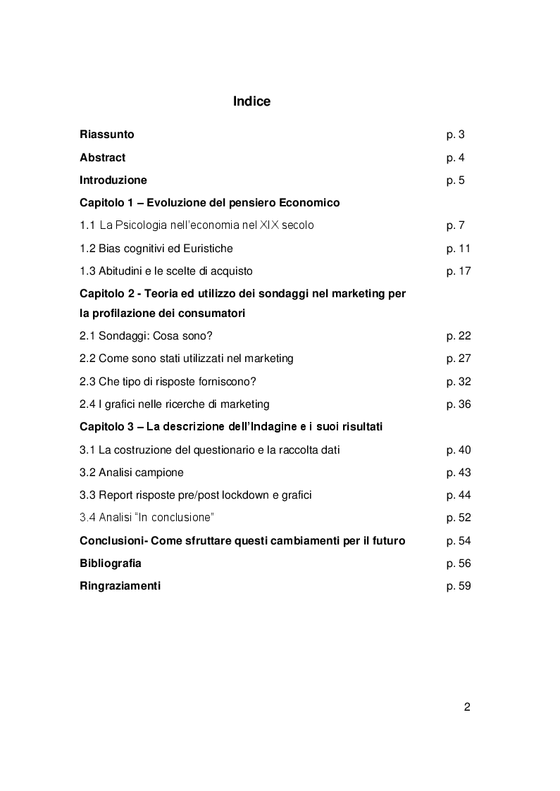 Indice della tesi: L'effetto della pandemia sulle scelte d'acquisto dei consumatori: Bias ed Euristiche al tempo del Covid-19, Pagina 1