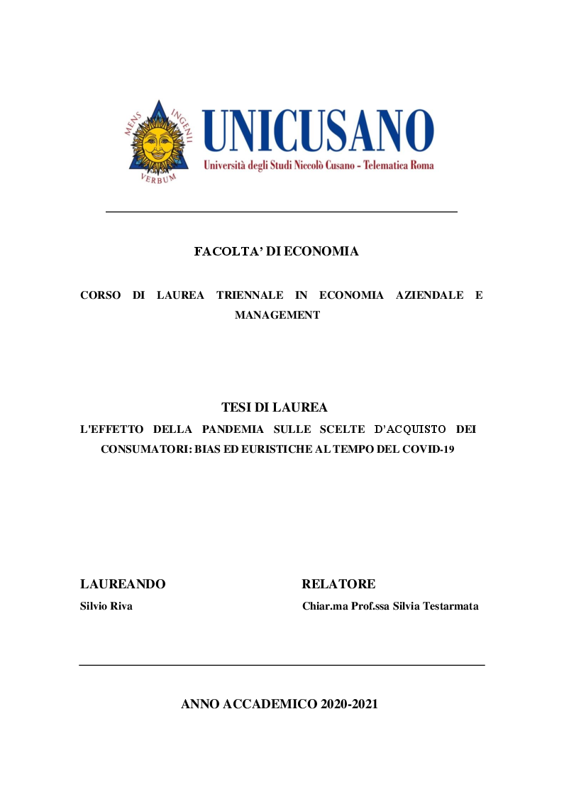 Anteprima della tesi: L'effetto della pandemia sulle scelte d'acquisto dei consumatori: Bias ed Euristiche al tempo del Covid-19, Pagina 1