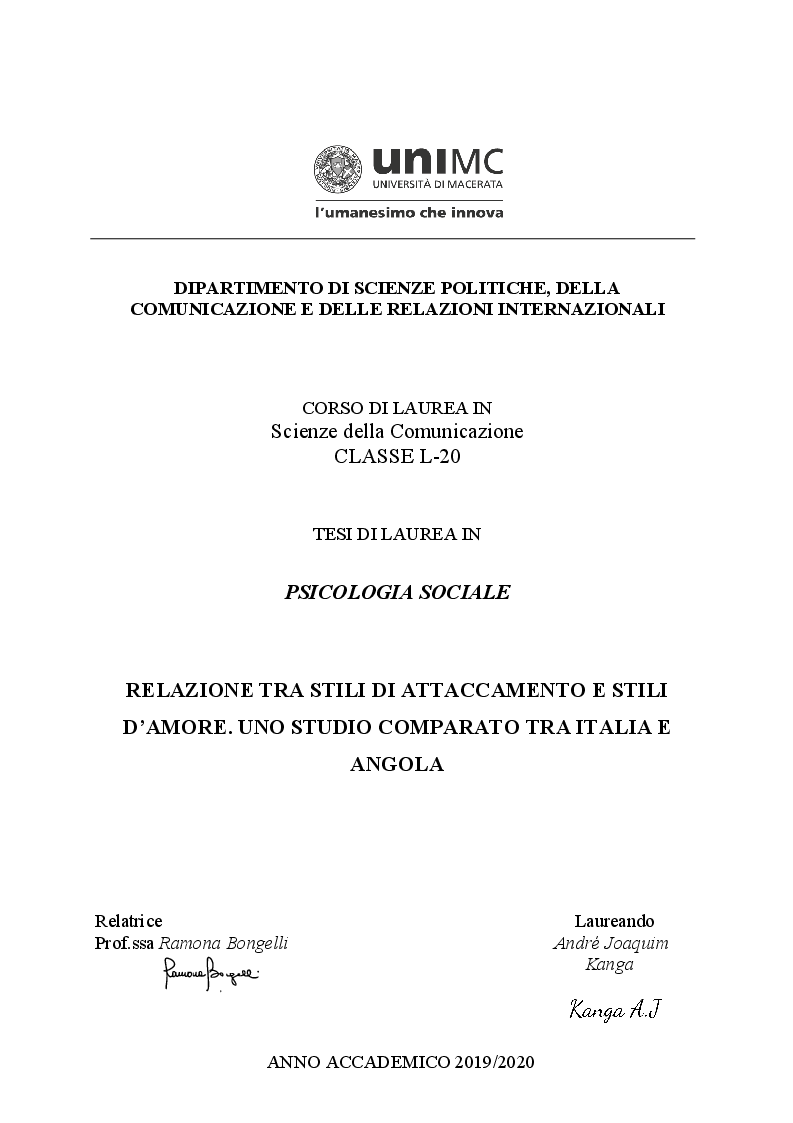Anteprima della tesi: Relazione tra stili di attaccamento e stili d'amore:uno studio comparato tra Italia e Angola, Pagina 1