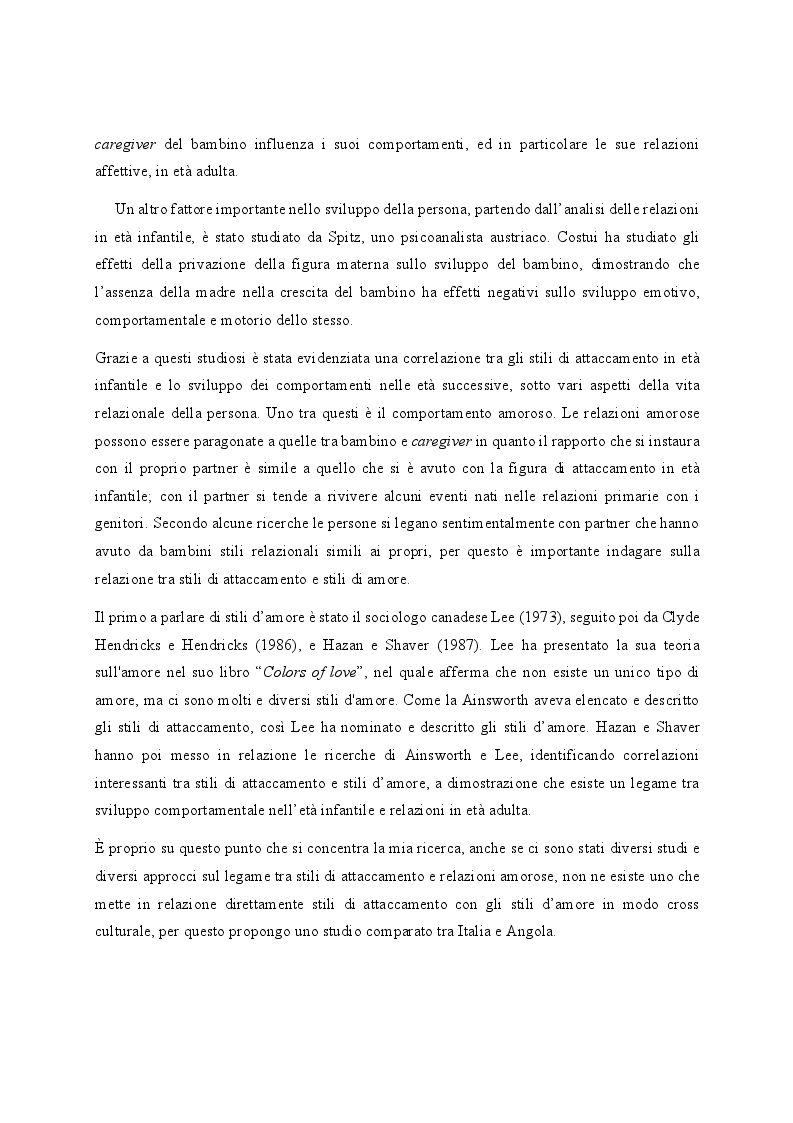 Anteprima della tesi: Relazione tra stili di attaccamento e stili d'amore:uno studio comparato tra Italia e Angola, Pagina 3