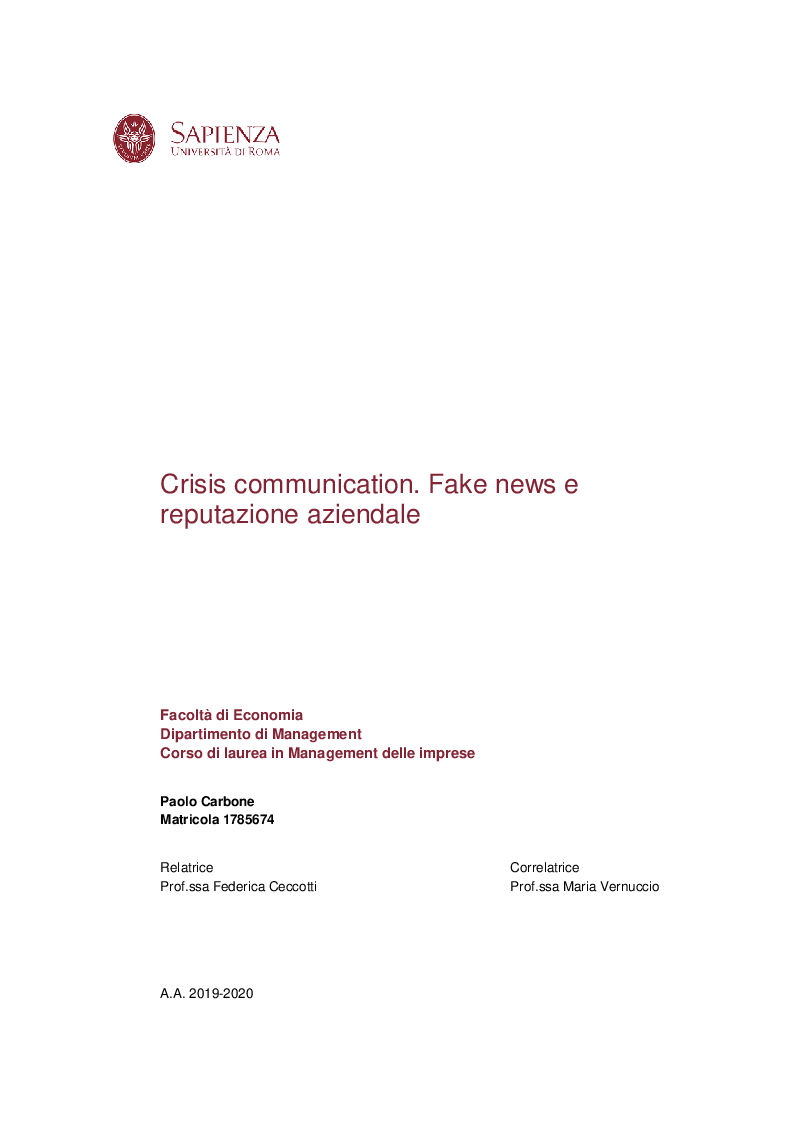 Anteprima della tesi: Crisis communication. Fake news e reputazione aziendale, Pagina 1