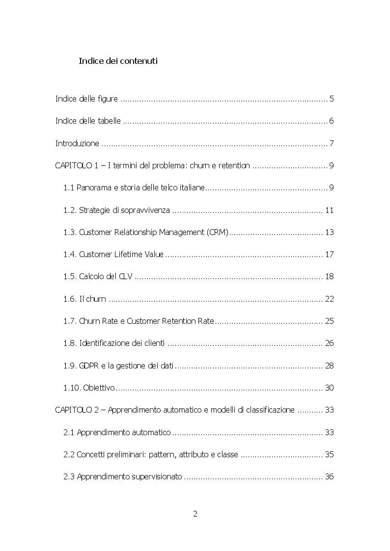 Indice della tesi: Studio e soluzione del problema di customer retention per un operatore telco basato su tecniche di apprendimento automatico, Pagina 1
