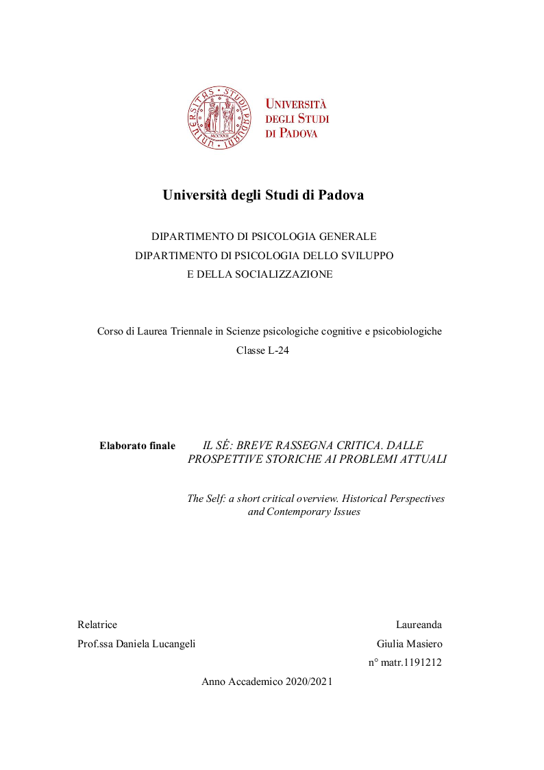 Anteprima della tesi: Il Sé: breve rassegna critica. Dalle prospettive storiche al problemi attuali, Pagina 1