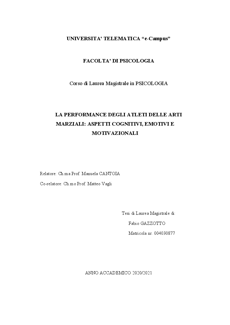 Anteprima della tesi: La performance degli atleti delle Arti Marziali: aspetti cognitivi, emotivi e motivazionali, Pagina 1