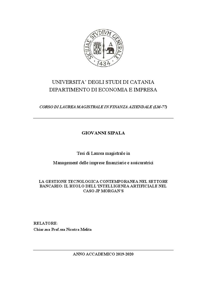 Anteprima della tesi: La gestione tecnologica nel settore bancario: il ruolo dell'intelligenza artificiale nel caso JP Morgan's, Pagina 1