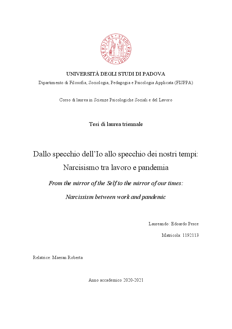 Anteprima della tesi: Dallo specchio dell'Io allo specchio dei nostri tempi: Narcisismo tra lavoro e pandemia, Pagina 1