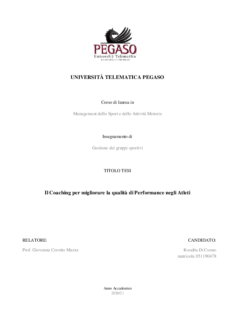 Anteprima della tesi: Il Coaching per migliorare la qualità di Performance negli Atleti, Pagina 1