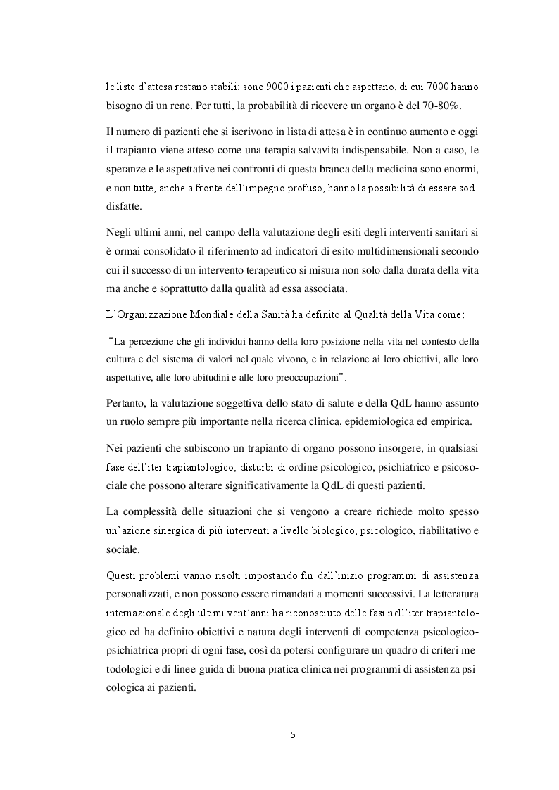 Anteprima della tesi: Psicologia del trapianto di organi - la qualità di vita del paziente trapiantato e il ruolo dello psicologo, Pagina 3