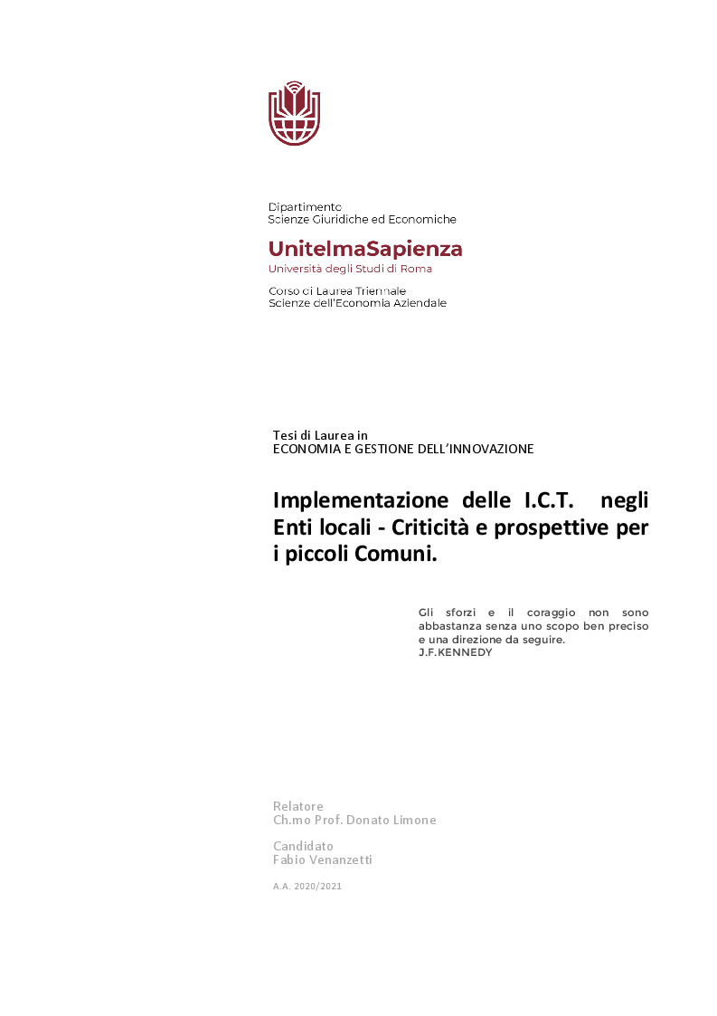 Anteprima della tesi: Implementazione delle I.C.T. negli Enti locali - Criticità e prospettive per i piccoli Comuni, Pagina 1