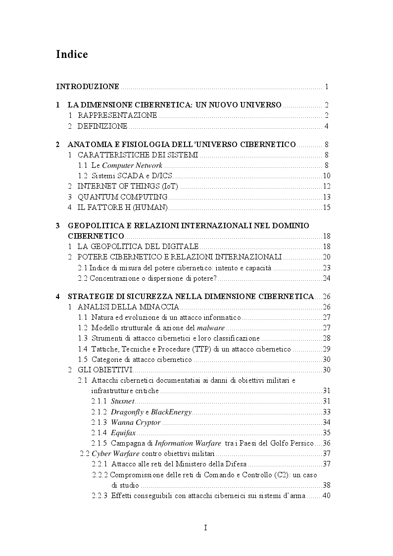 Indice della tesi: Strategie di Sicurezza e Geopolitica: cooperazione, competizione, conflitto nella dimensione cibernetica, Pagina 1