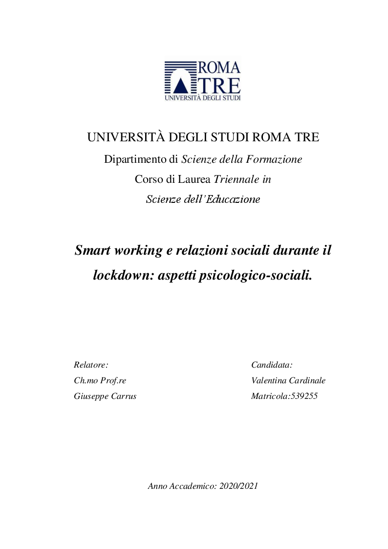 Anteprima della tesi: Smart working e relazioni sociali durante il lockdown: aspetti psicologico-sociali, Pagina 1
